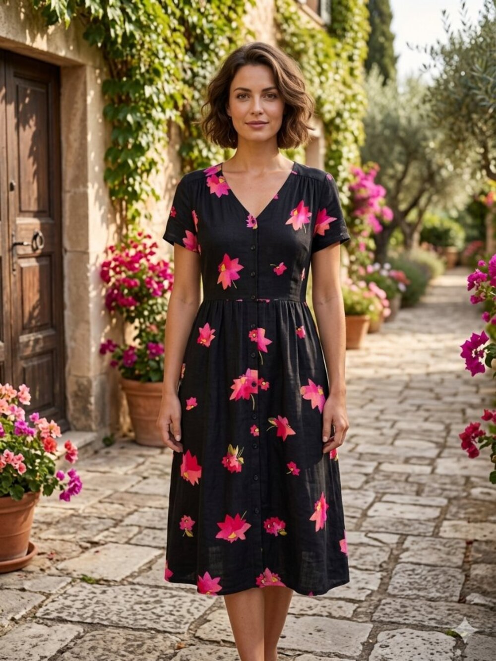 Black Dress with Floral Design - Womens XL - Cotton